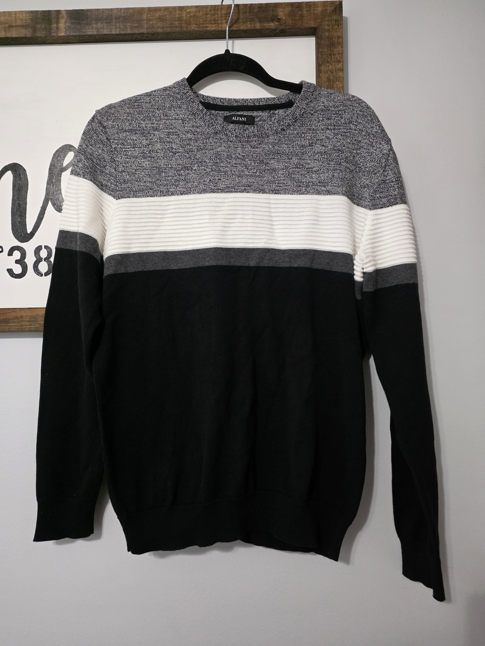 Alfani Men's Black, Gray & White Striped Crewneck Sweater Medium